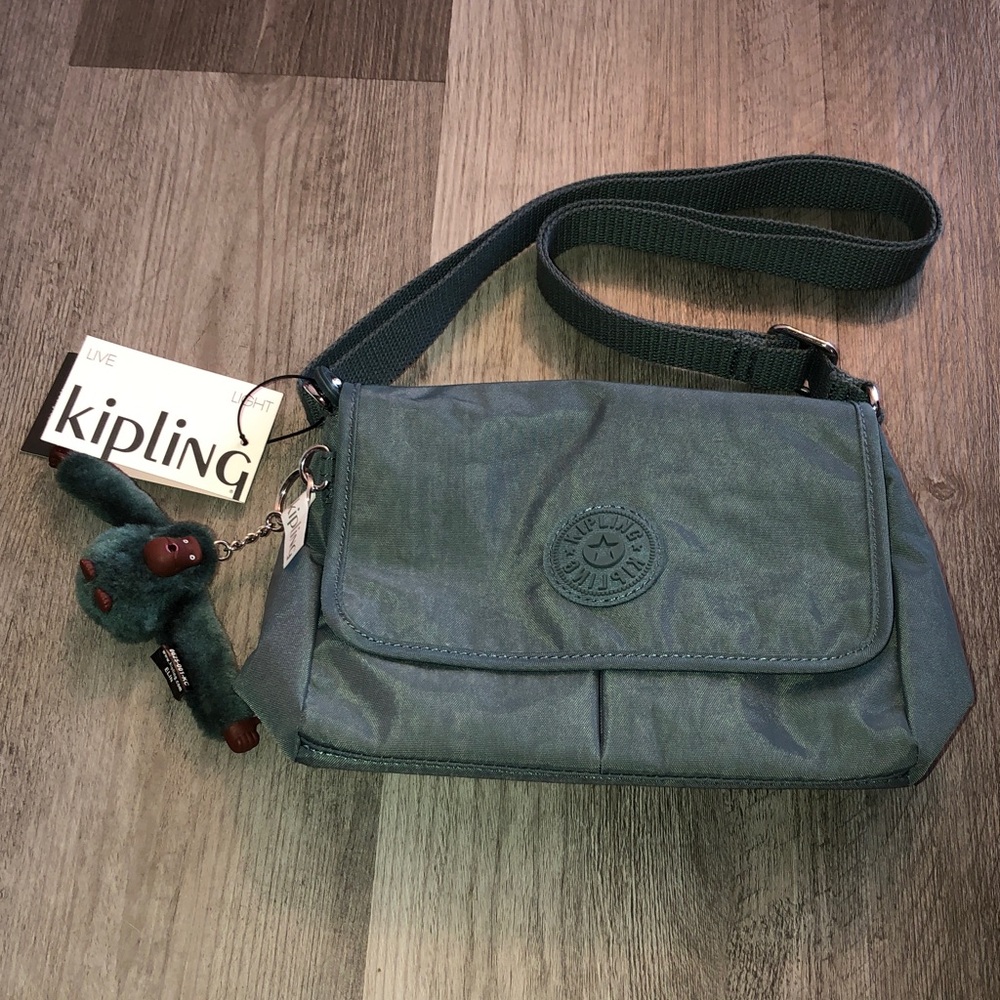 Kipling Shayna Light Aloe Tonal Nylon Crossbody Bag + Monkey Key Chain NWT